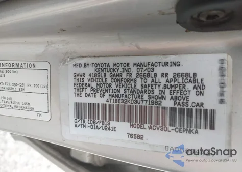 2003 Toyota Camry Le из США, поврежденный, VIN 4T1BE32K03U771982